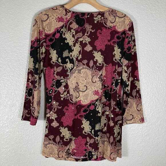 Y2K Top L Dark Paisley Floral Fairy Whimsigoth V-neck Faux Wrap Sparkle Dots - Picture 9 of 13